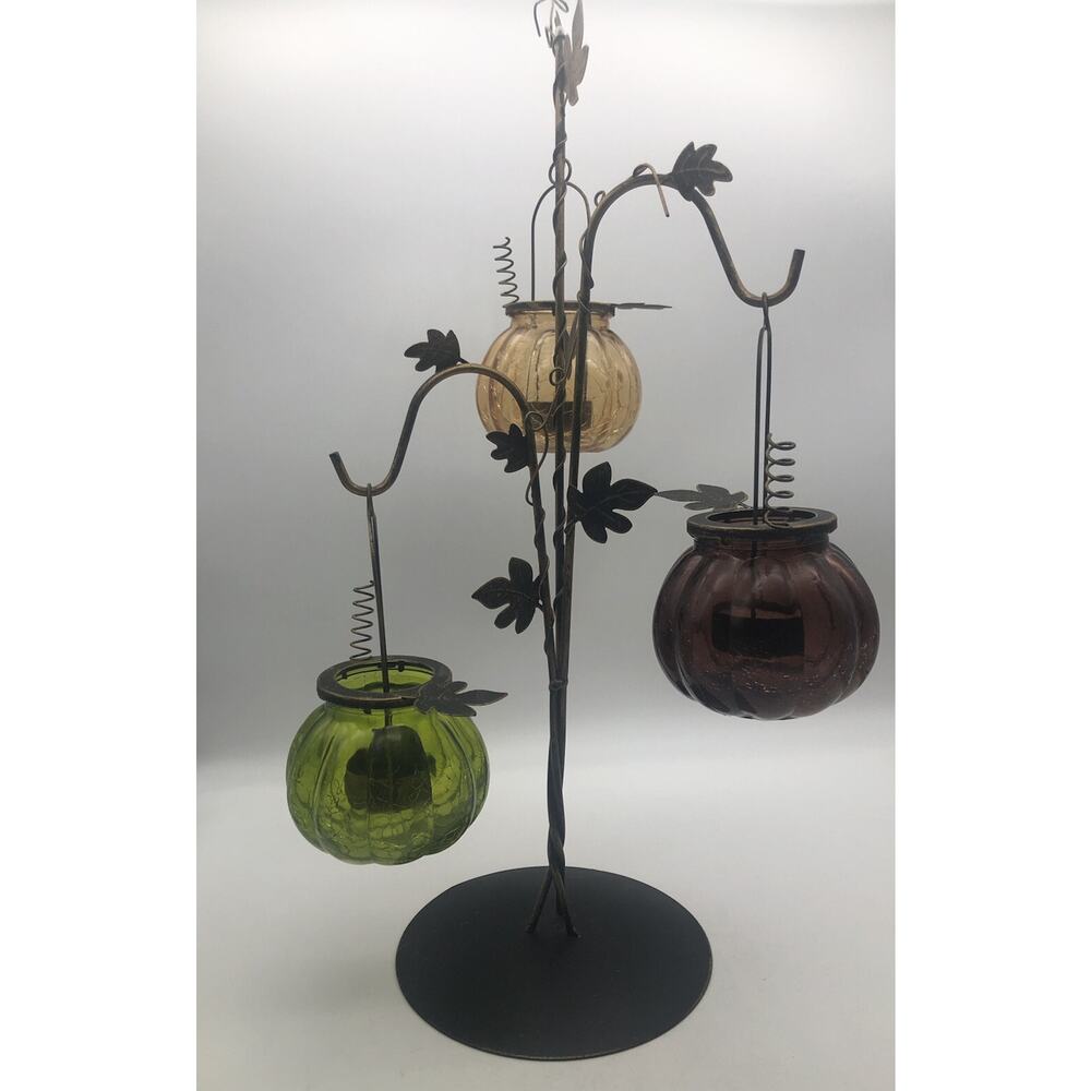 Metal Leaves Candle holders with Tri-color Crack Designed Glasses 18”Tall - Picture 2 of 12
